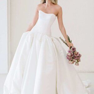 Dropped Waistline Corset Strapless White Wedding Dress